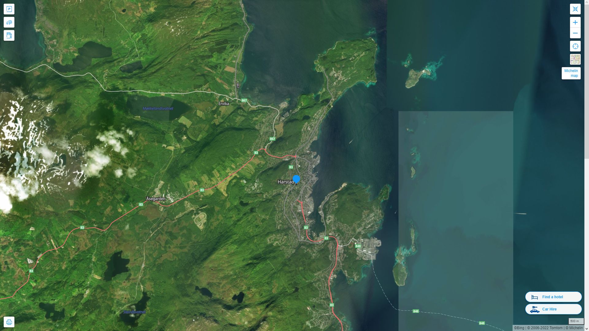 Harstad Highway and Road Map with Satellite View